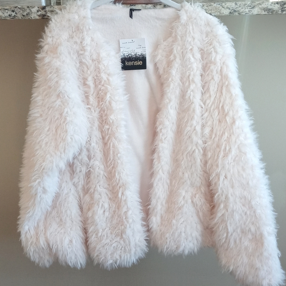 Kensie Women's Cream Winter White Faux Fur Open Cardigan Style Jacket L/XL